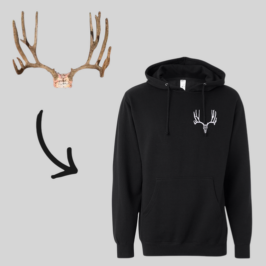 Brattican black custom trophy hoodie featuring a white embroidered deer antler design on the chest.